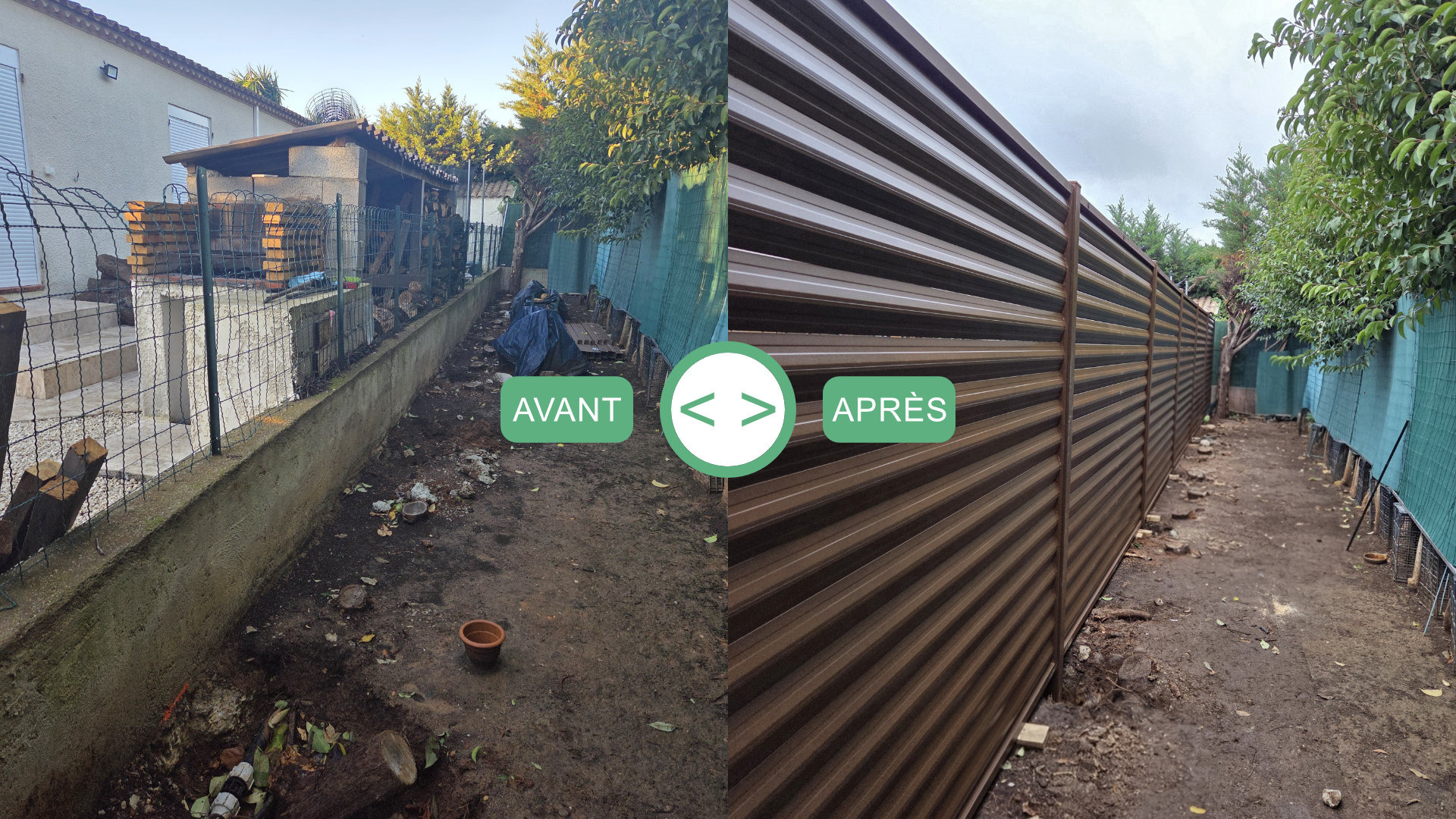 Dépose d’un grillage souple simple maille et installation d’une clôture persienne occultante à Garons